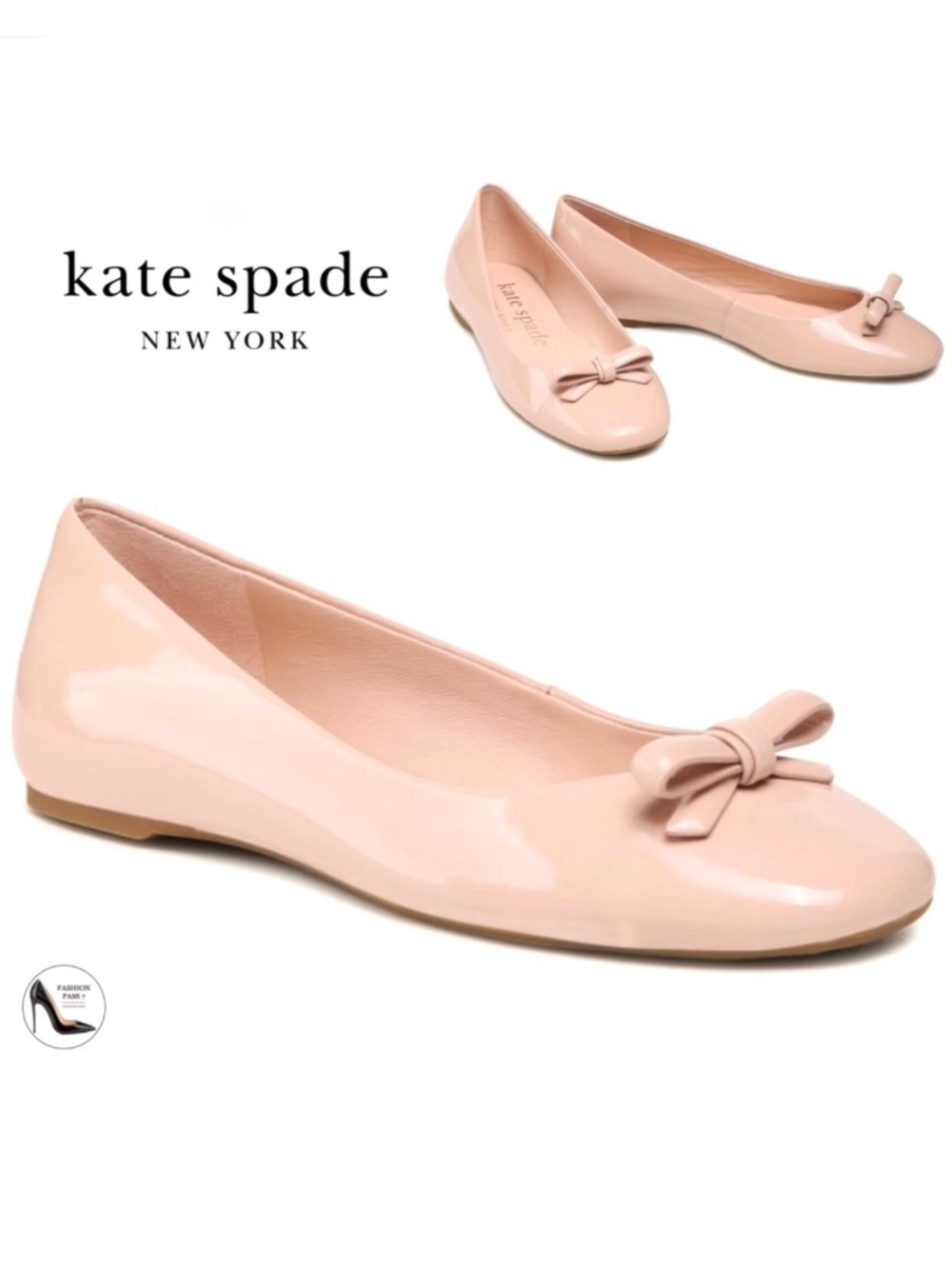 Kate Spade Kiersten Bow Nude Patent Leather Ballet Flats Round Toe Dress Shoes